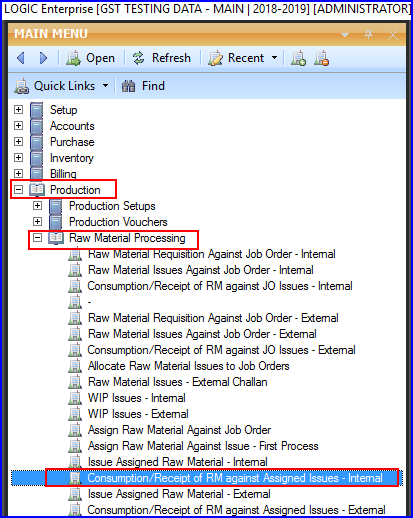 Consumption-Receipts of RM against Assigned Issues - Internal